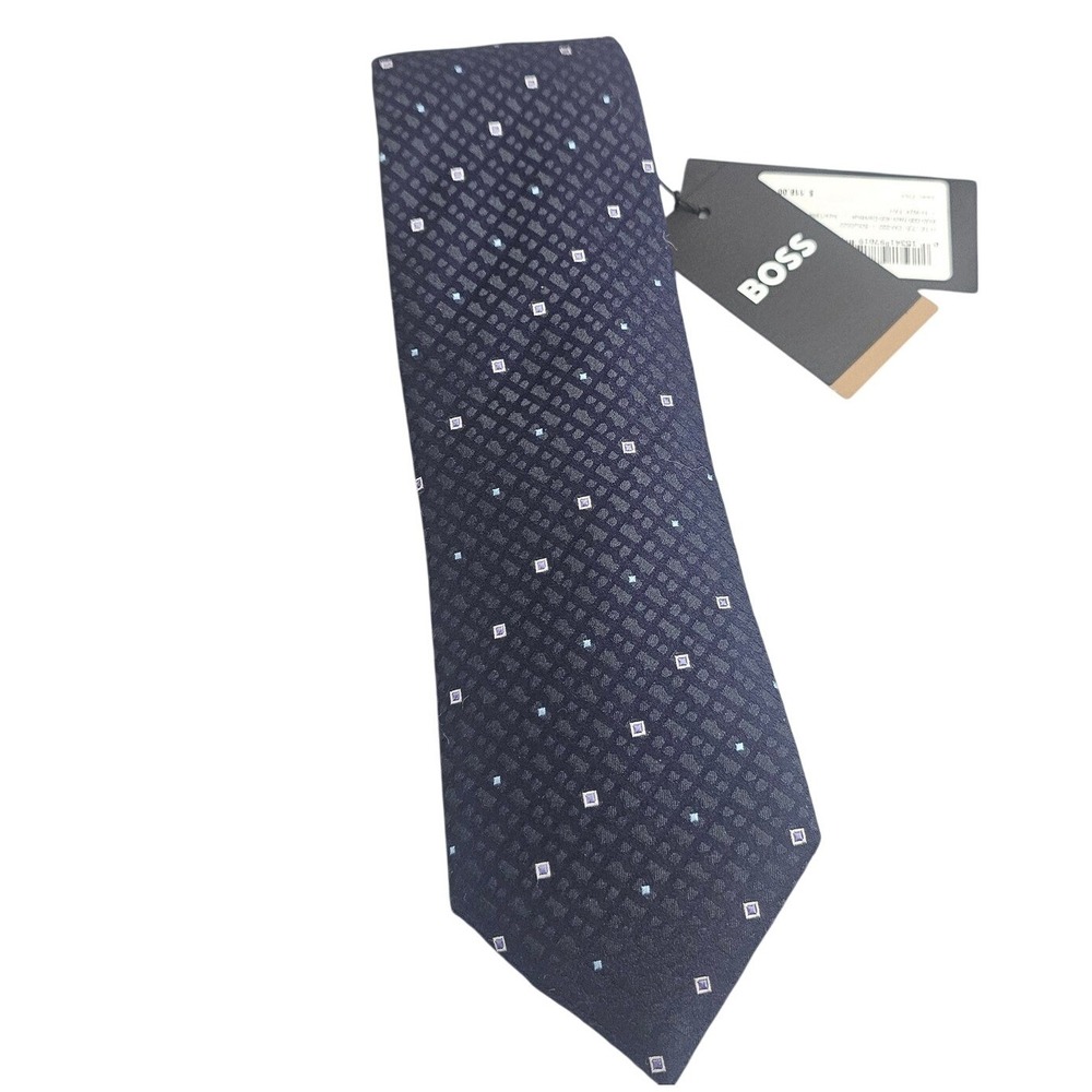 HUGO BOSS 100% Silk Tie Dark & Lt Blue Square Diamond Patterned NWT $118 L708